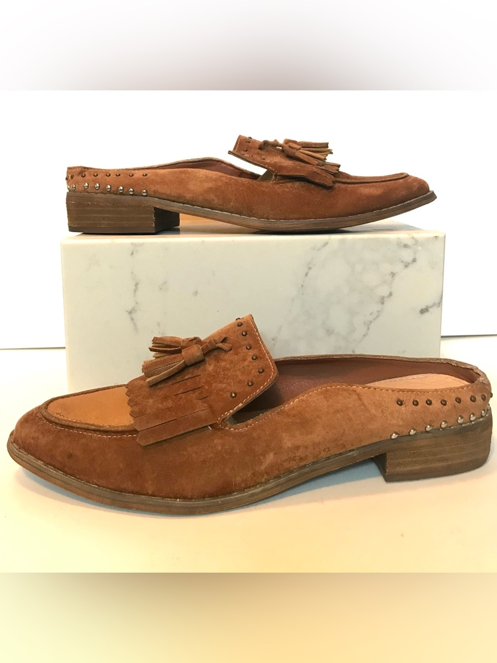 Women’s mi.im tan manmade suede tassel western studded mule slides